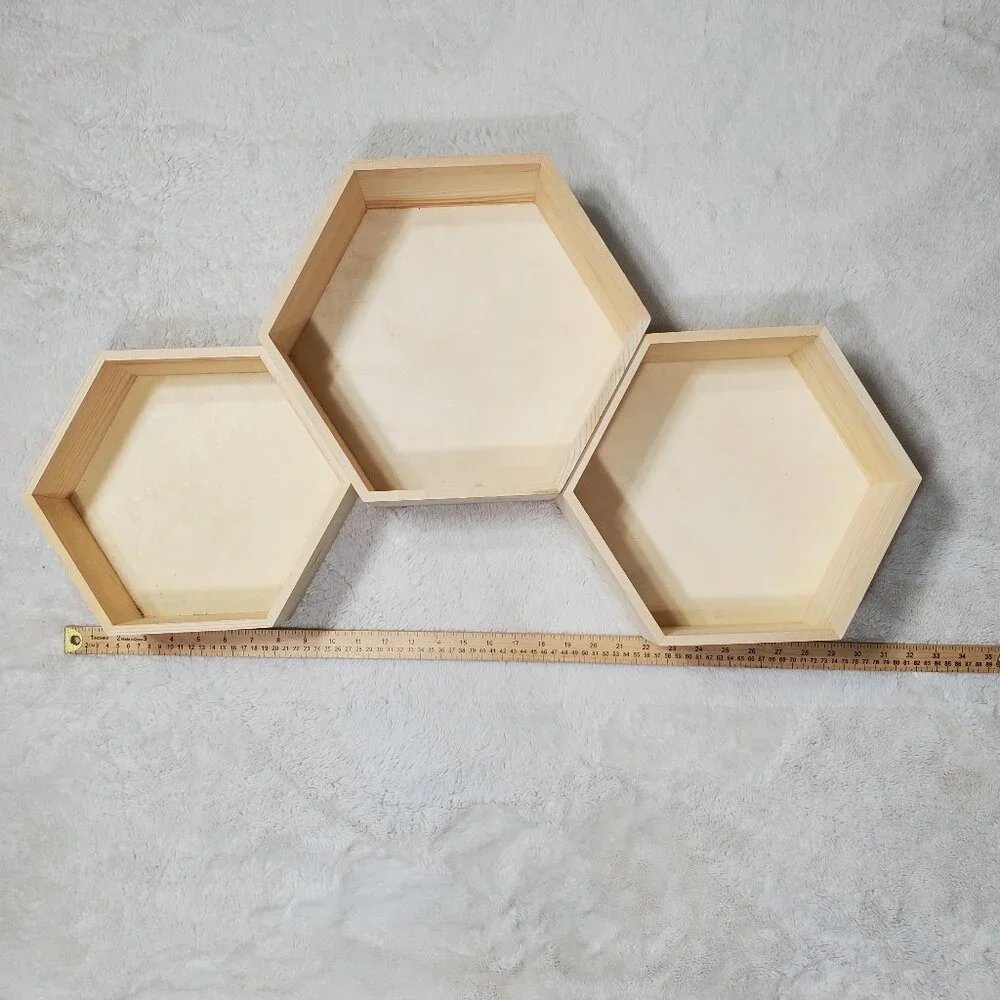 NWT Hexagon Wooden Tray Set Hexagon Wall Shelves Set of 3